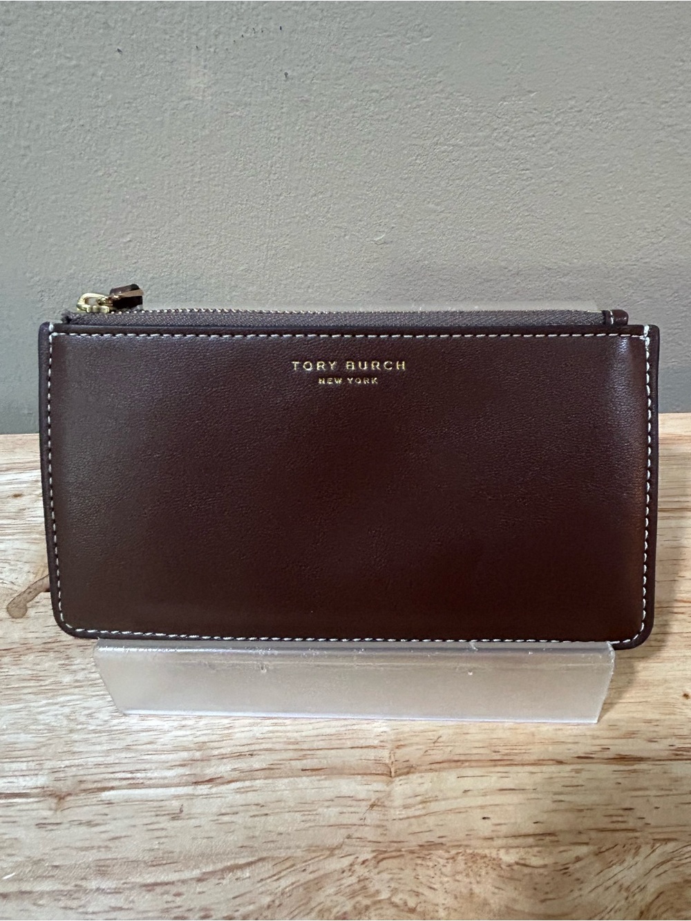 Tory Burch Dark Brown Leather Zip Card Case with Gold Logo